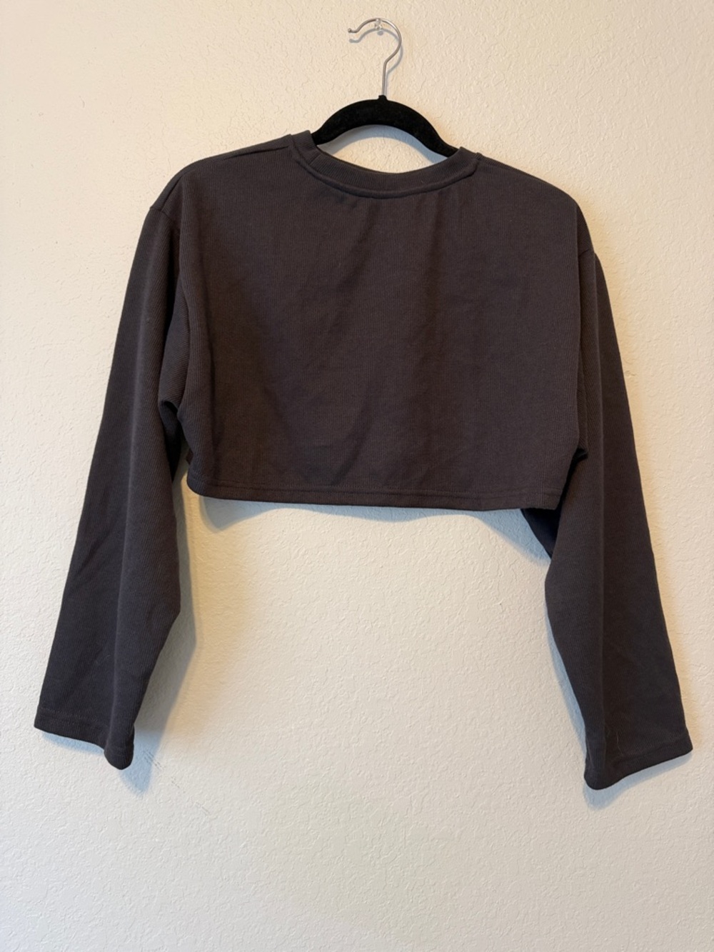 Dazy Cropped Open Back Long-Sleeve Crewneck Top - Charcoal Gray
